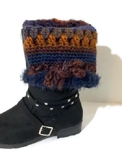 The Blue Andes leg warmers, rust gold, brown, purple, blue pair leg-warmers, crochet, woman size,  cold weather, holiday gift,