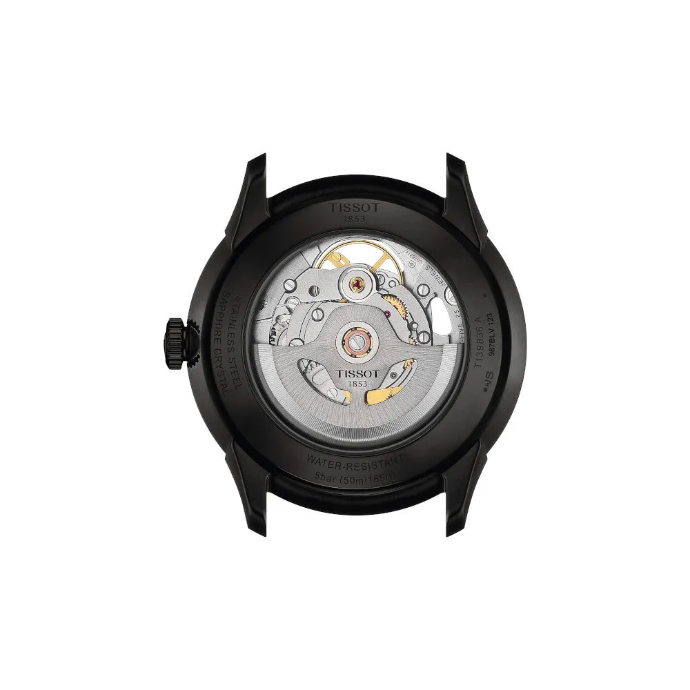 Tissot Chemin Des Tourelles Skeleton Powermatic 80 Mens Black Tone Black Leather Strap Watch