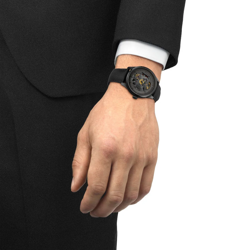 Tissot Chemin Des Tourelles Skeleton Powermatic 80 Mens Black Tone Black Leather Strap Watch