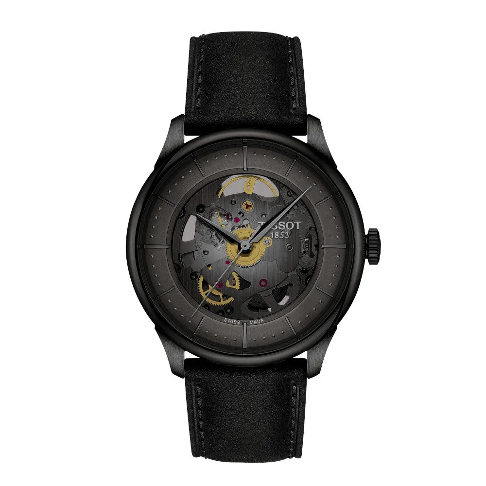 Tissot Chemin Des Tourelles Skeleton Powermatic 80 Mens Black Tone Black Leather Strap Watch