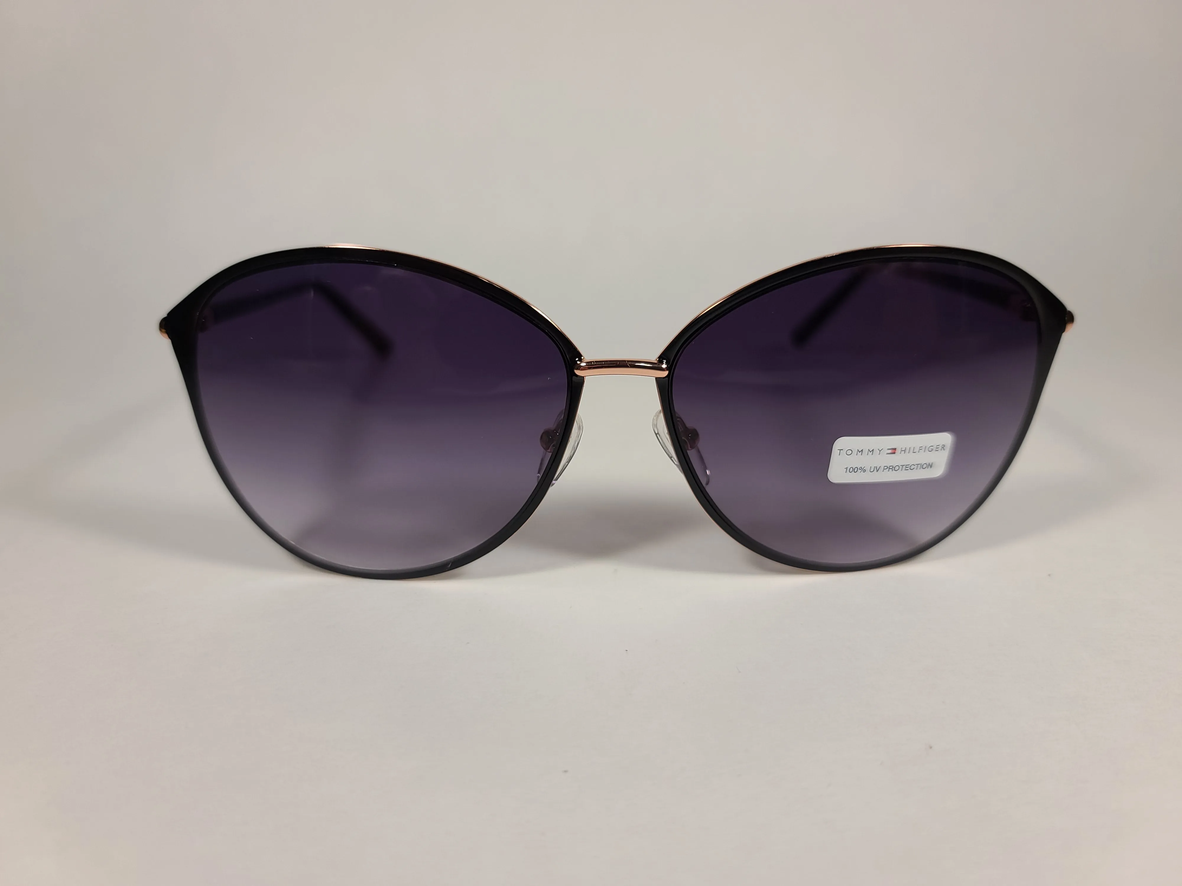Tommy Hilfiger Shuri Cat Eye Sunglasses Shiny Black and Gold Frame Smoke Gradient Lens WM OL504
