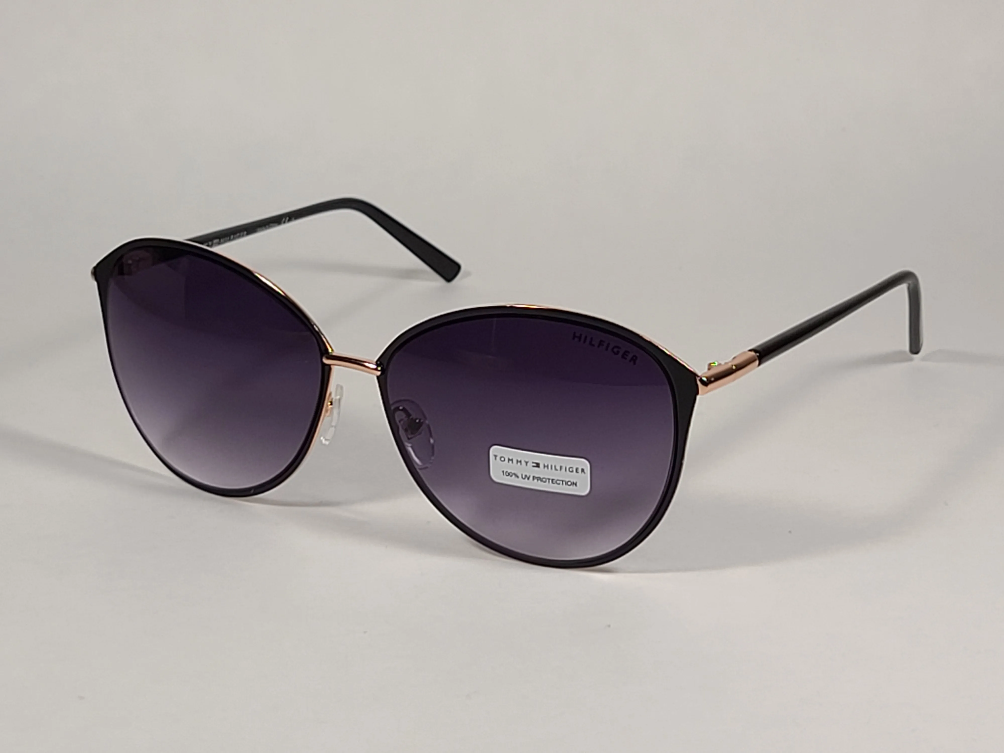 Tommy Hilfiger Shuri Cat Eye Sunglasses Shiny Black and Gold Frame Smoke Gradient Lens WM OL504