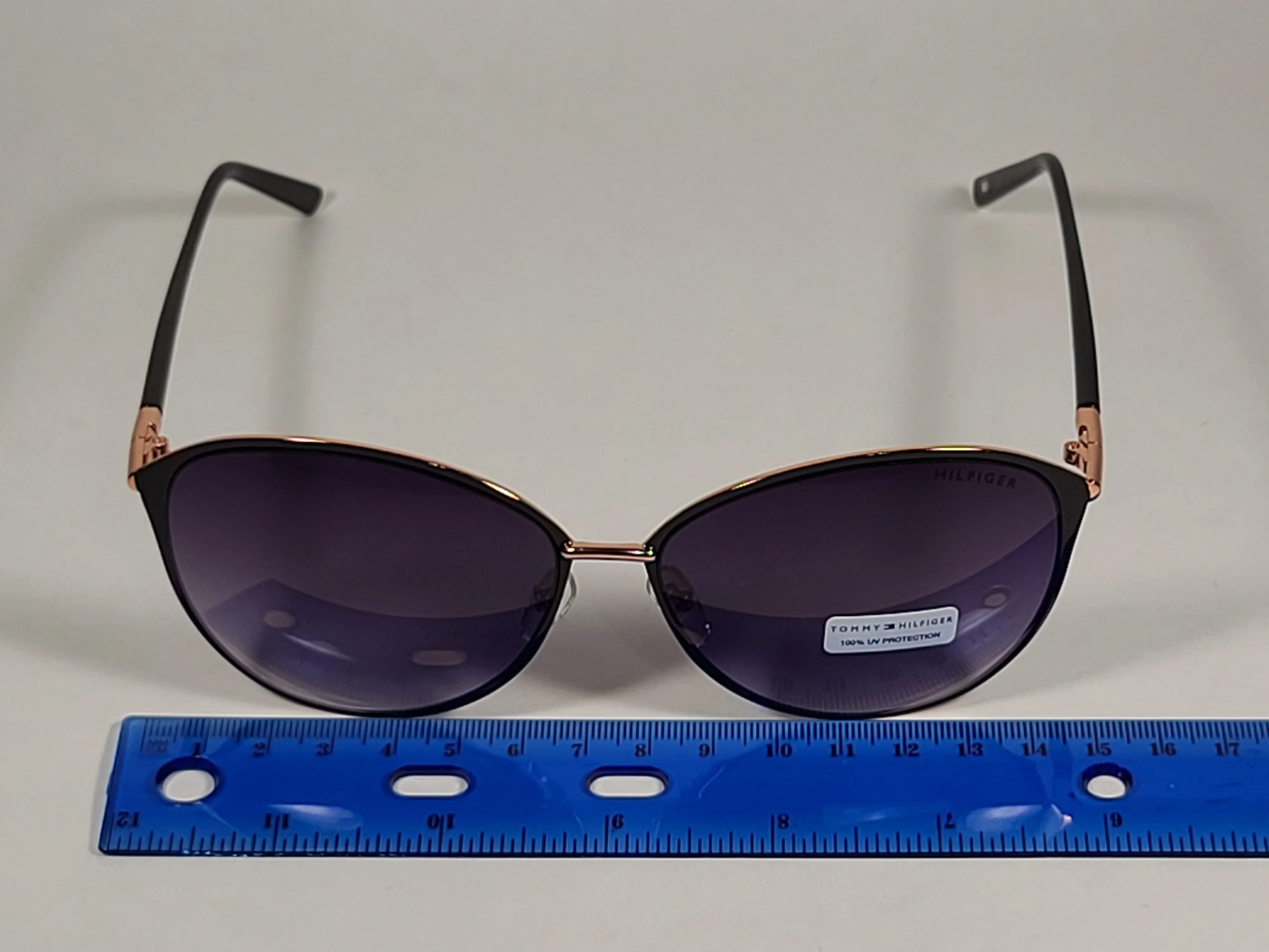 Tommy Hilfiger Shuri Cat Eye Sunglasses Shiny Black and Gold Frame Smoke Gradient Lens WM OL504