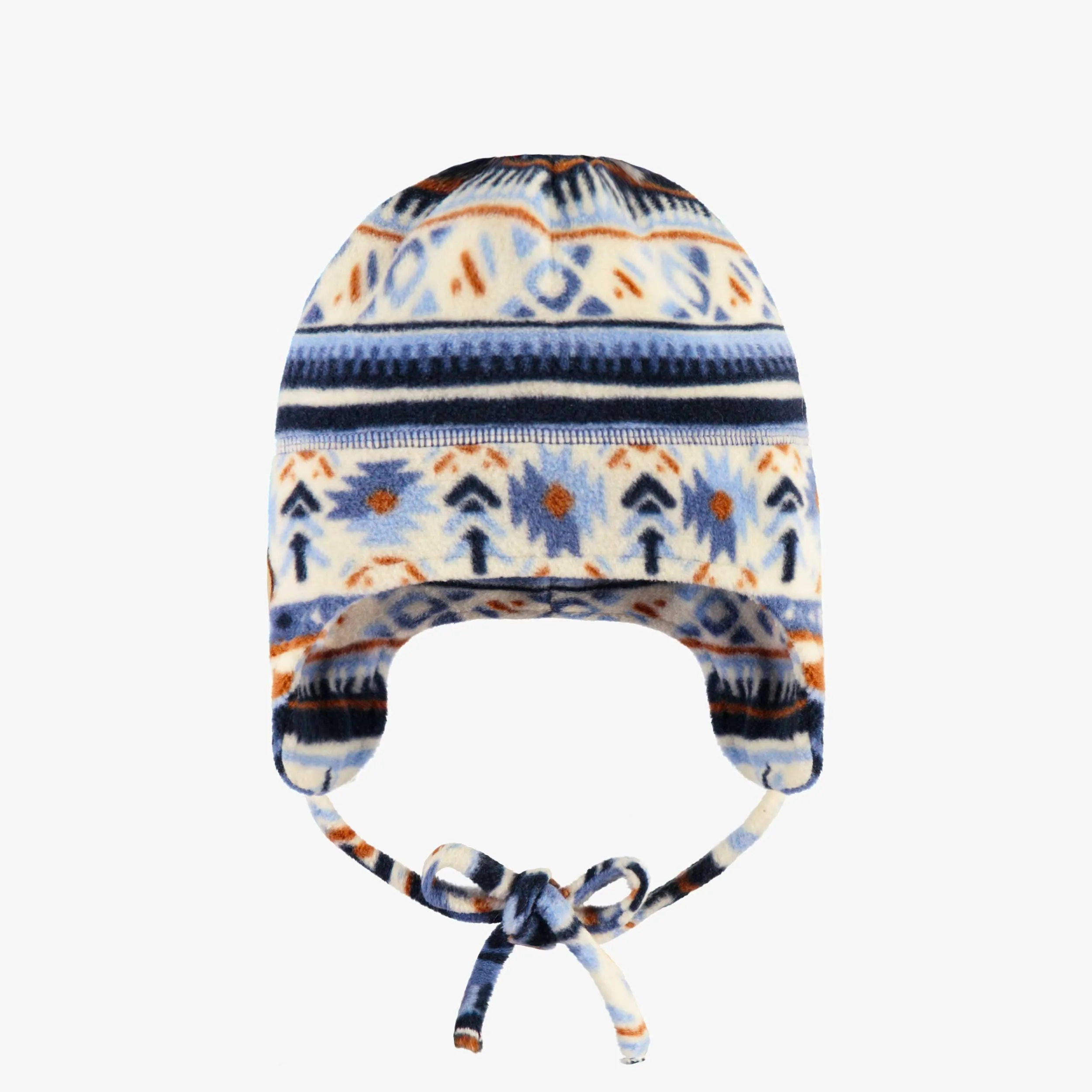 Tuque bleue et crème à motifs en polar, bébé || Blue and cream patterned toque in fleece, baby