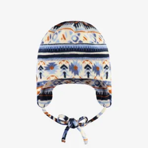 Tuque bleue et crème à motifs en polar, bébé || Blue and cream patterned toque in fleece, baby