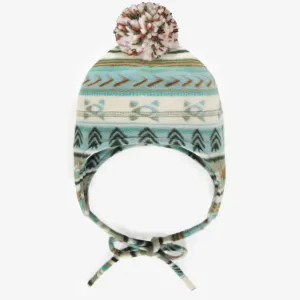 Tuque bleue à motifs avec pompon en polar, bébé || Blue patterned toque with pompom in fleece, baby