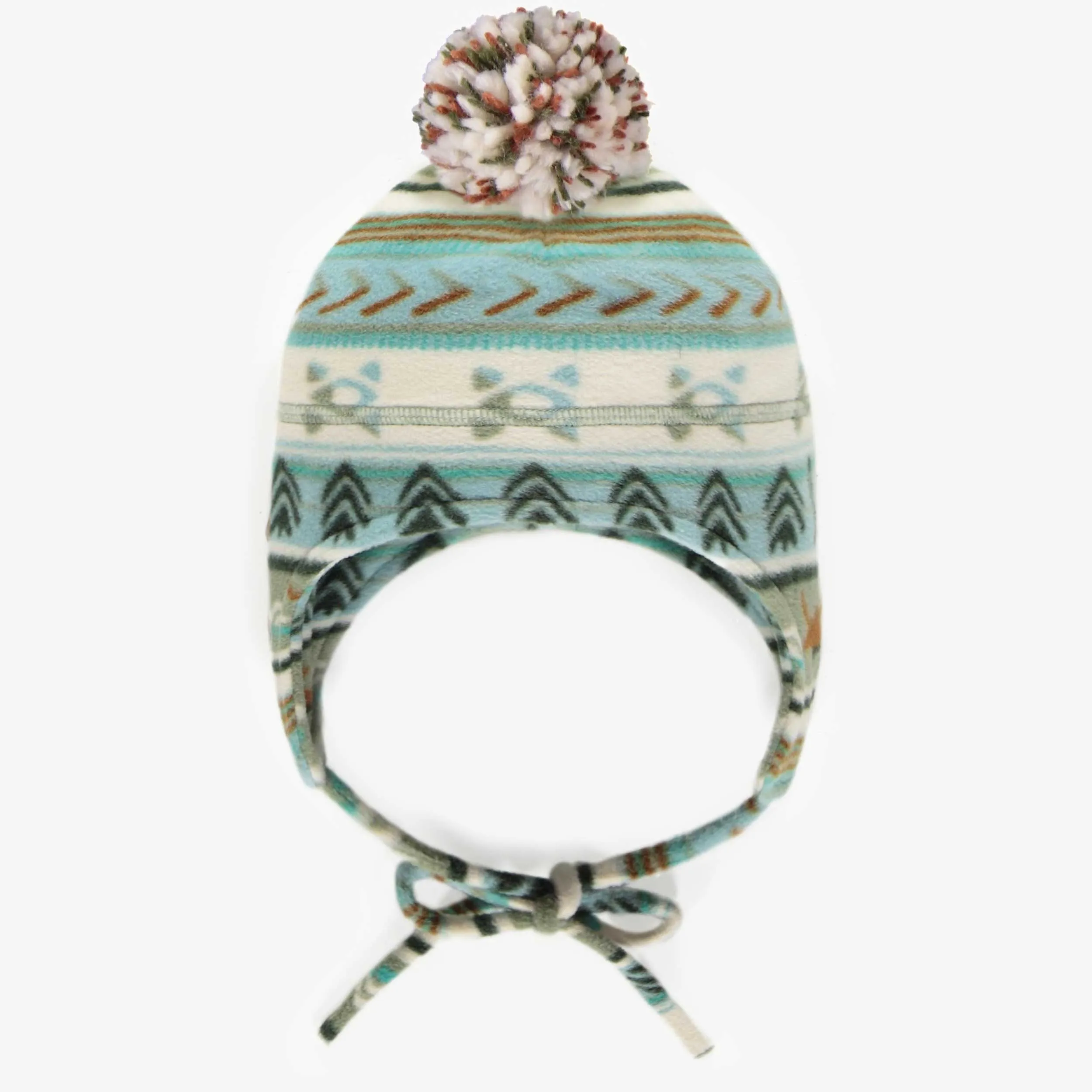 Tuque bleue à motifs avec pompon en polar, bébé || Blue patterned toque with pompom in fleece, baby