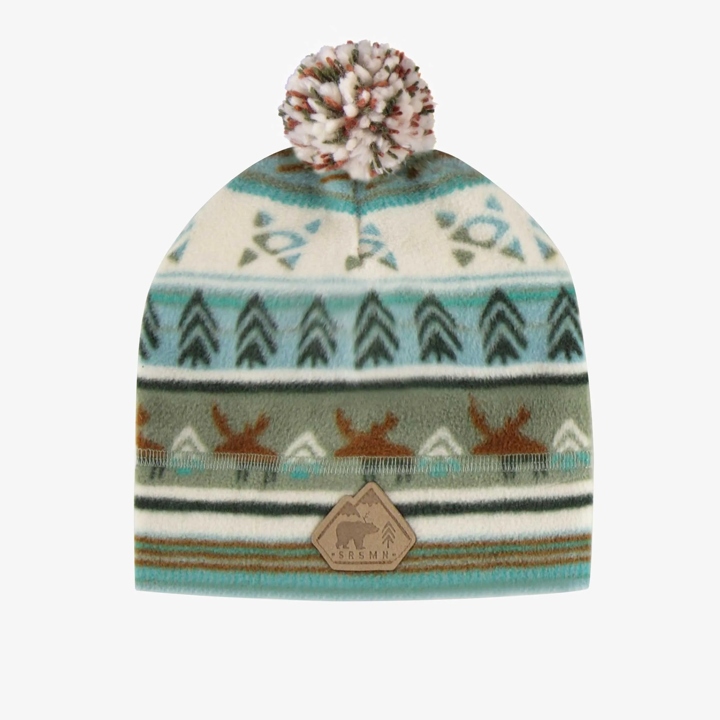 Tuque bleue à motifs avec pompon en polar, enfant || Blue patterned toque with pompom in fleece, child