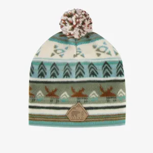 Tuque bleue à motifs avec pompon en polar, enfant || Blue patterned toque with pompom in fleece, child