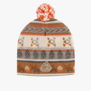 Tuque brun orangé à motif en polar avec pompon, enfant || Orange-brown patterned toque with pompom in fleece, child