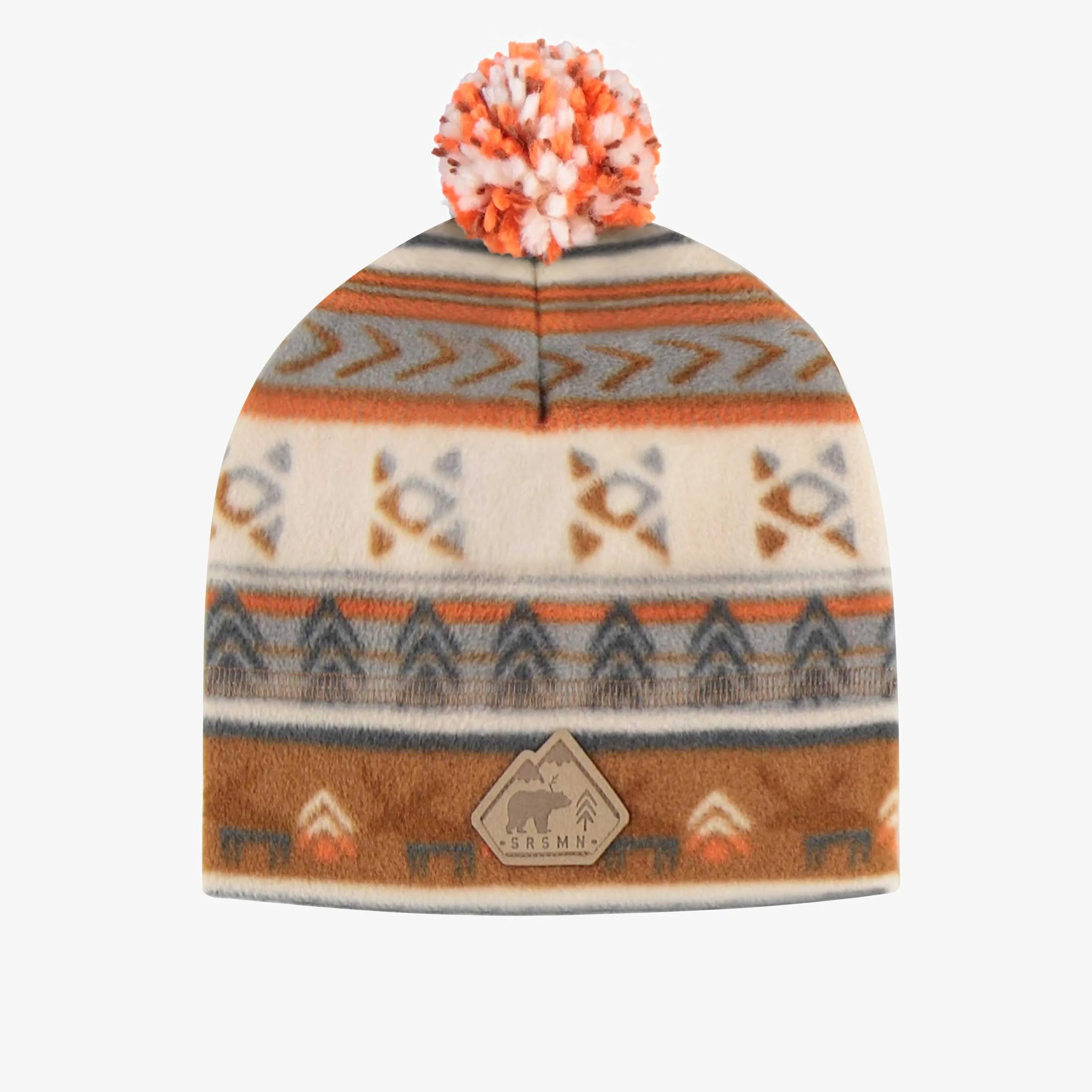 Tuque brun orangé à motif en polar avec pompon, enfant || Orange-brown patterned toque with pompom in fleece, child