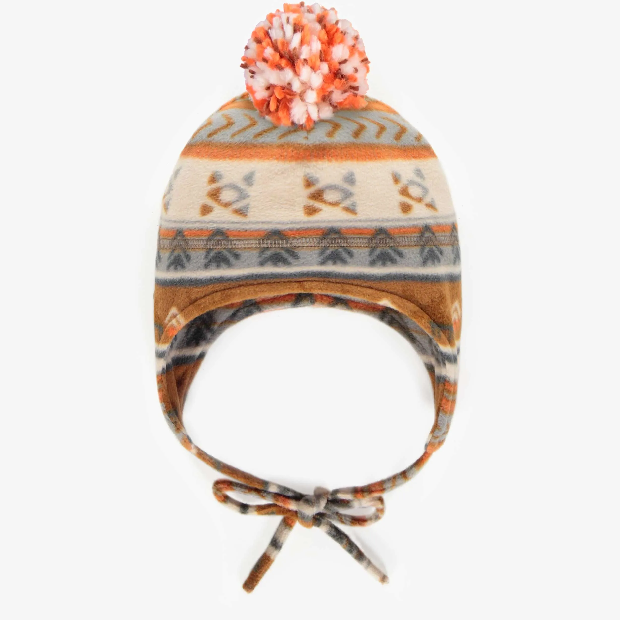 Tuque brun orangé à motifs avec pompon en polar, bébé || Orange-brown patterned toque with pompom in fleece, baby