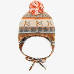 Tuque brun orangé à motifs avec pompon en polar, bébé || Orange-brown patterned toque with pompom in fleece, baby