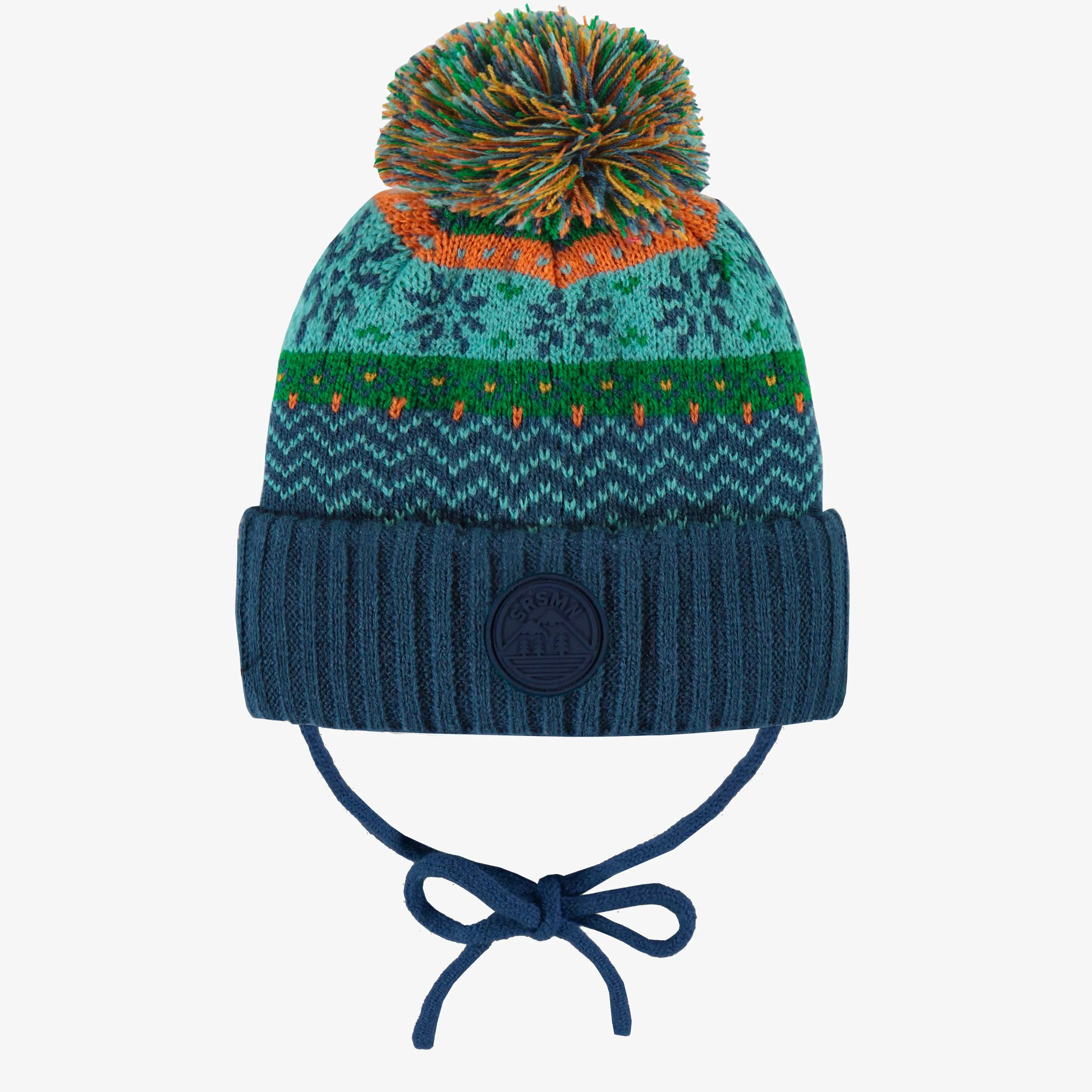 Tuque en tricot bleue, verte, orange et turquoise à motifs avec pompon, bébé || Blue, green, orange and turquoise toque with print and pompon, baby