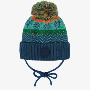 Tuque en tricot bleue, verte, orange et turquoise à motifs avec pompon, bébé || Blue, green, orange and turquoise toque with print and pompon, baby