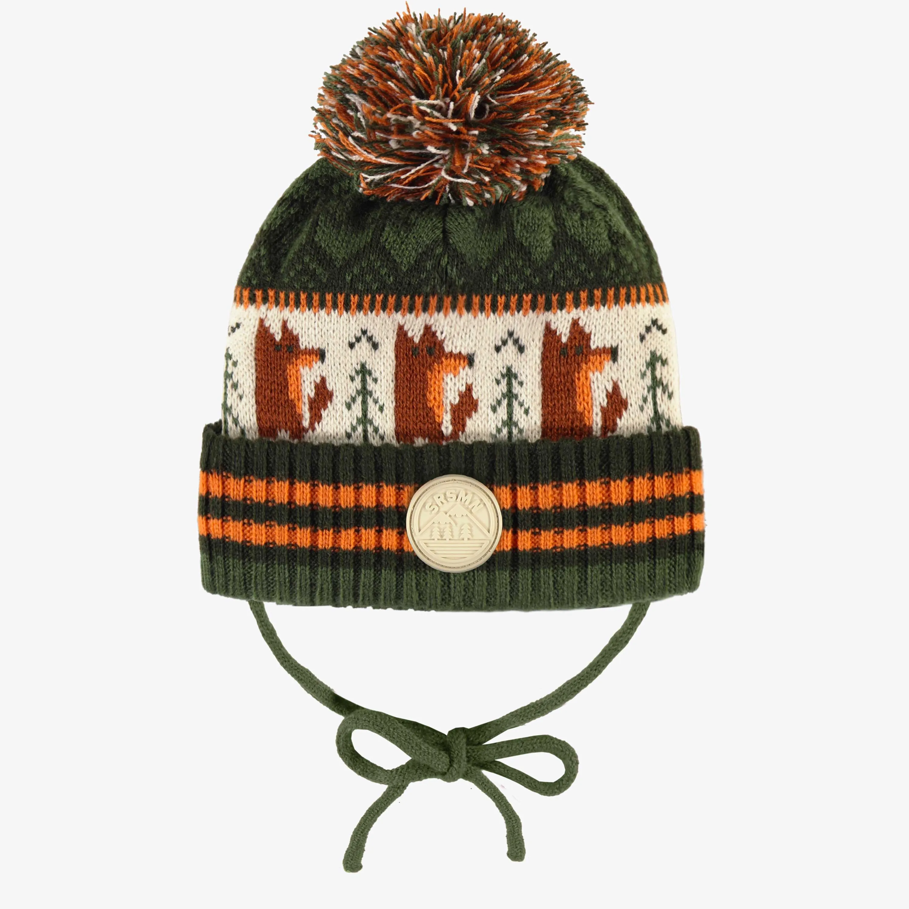 Tuque en tricot verte et orange à motifs avec pompon, bébé || Green and orange  toque with print and pompon, baby