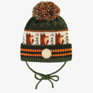 Tuque en tricot verte et orange à motifs avec pompon, bébé || Green and orange  toque with print and pompon, baby