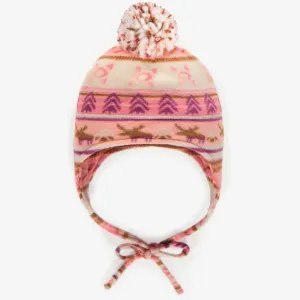 Tuque rose à motif avec pompon en polar, bébé || Pink patterned toque with pompom in fleece, baby