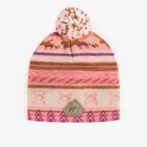 Tuque rose à motifs avec pompon en polar, enfant || Pink patterned toque with pompom in fleece, child