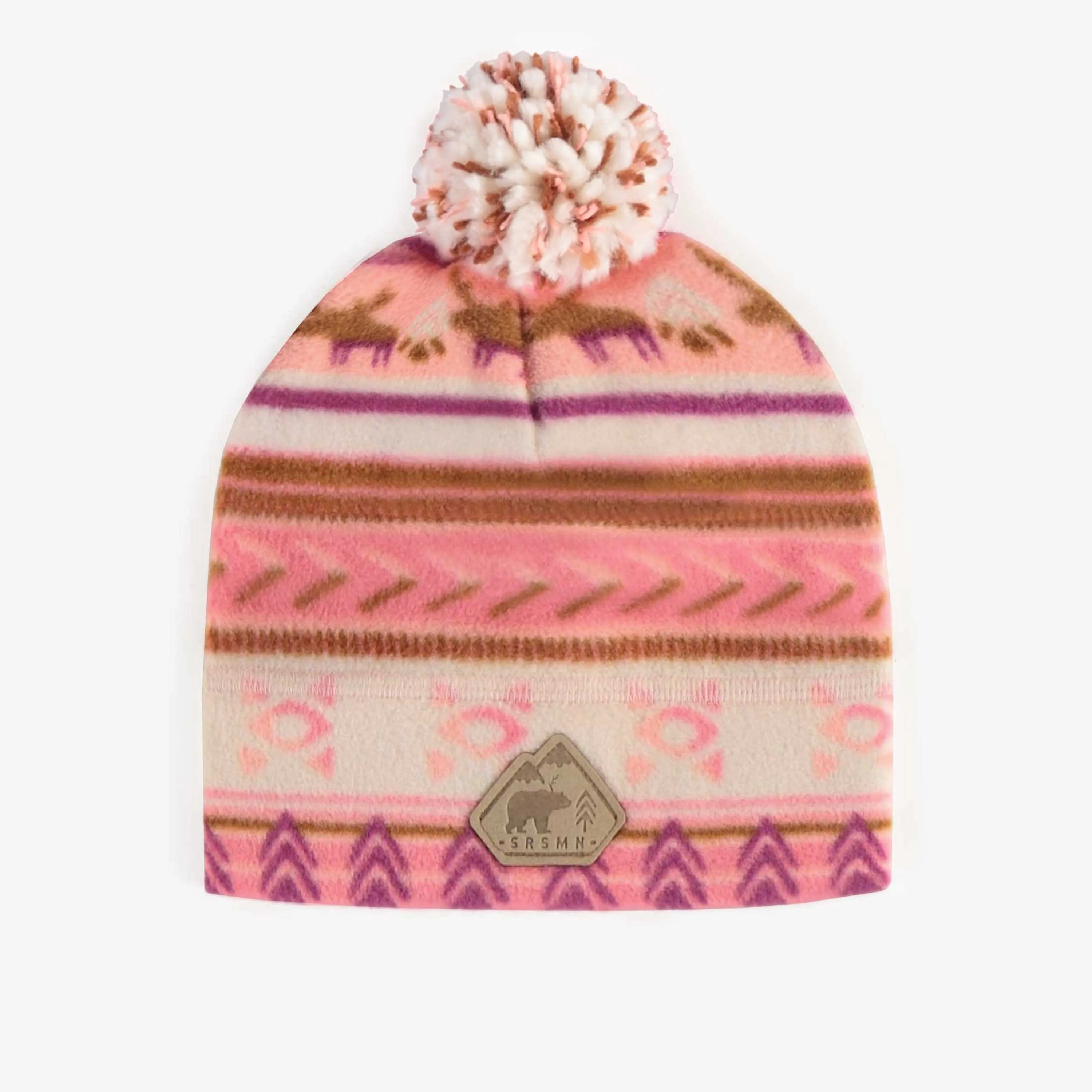 Tuque rose à motifs avec pompon en polar, enfant || Pink patterned toque with pompom in fleece, child