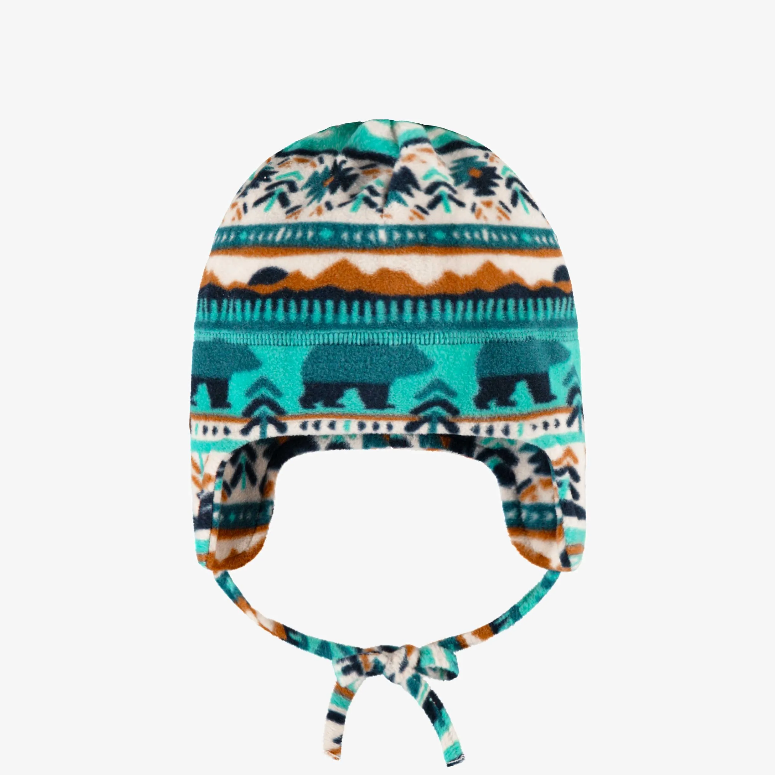 Tuque turquoise et crème à motifs en polar, bébé || Turquoise and cream patterned toque in fleece, baby