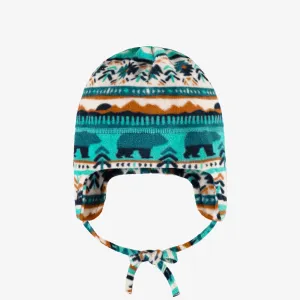 Tuque turquoise et crème à motifs en polar, bébé || Turquoise and cream patterned toque in fleece, baby