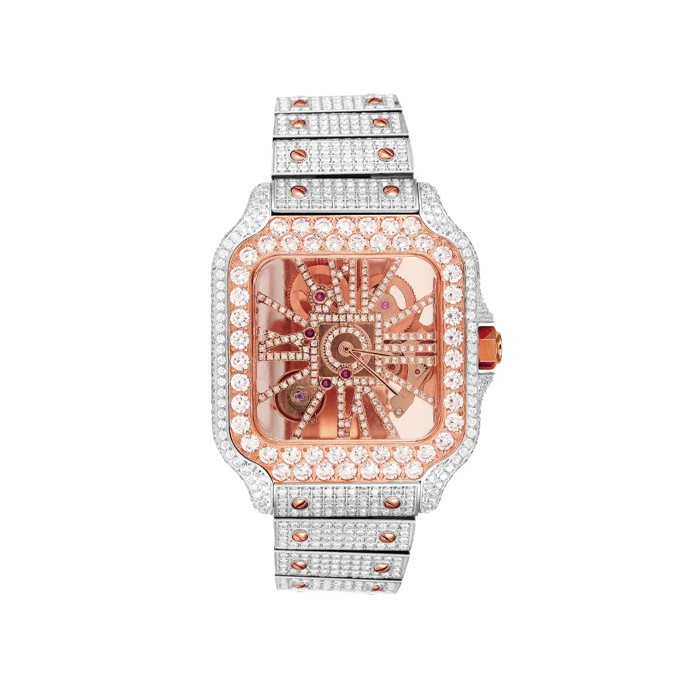 Two Tone Rose Gold Skeleton Dial Stainless Steel Moissanite Watch