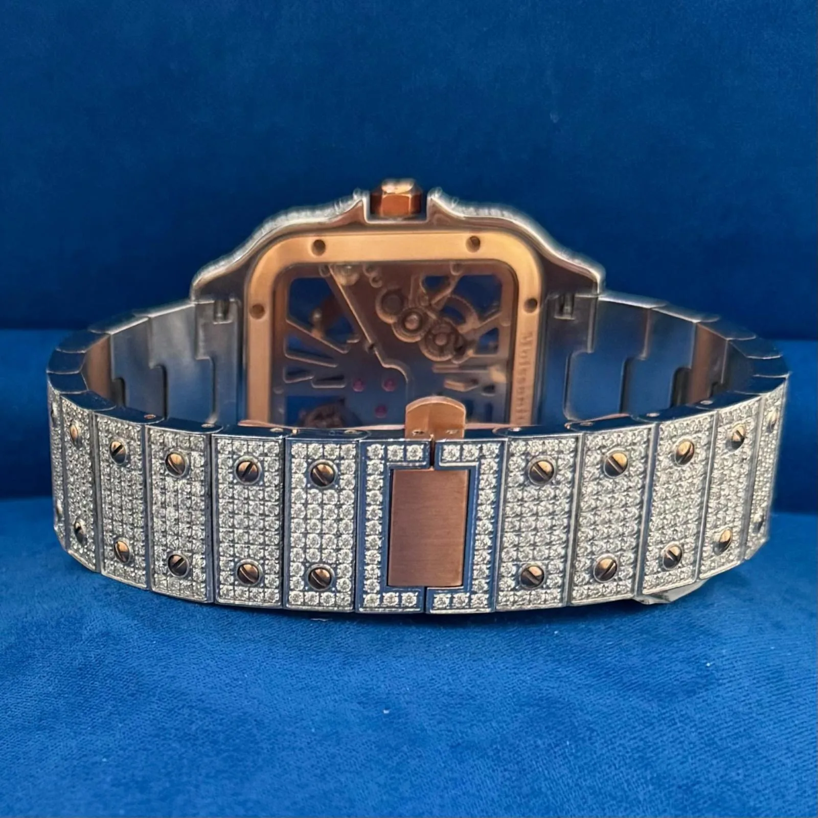 Two Tone Rose Gold Skeleton Dial Stainless Steel Moissanite Watch