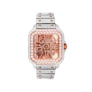 Two Tone Rose Gold Skeleton Dial Stainless Steel Moissanite Watch