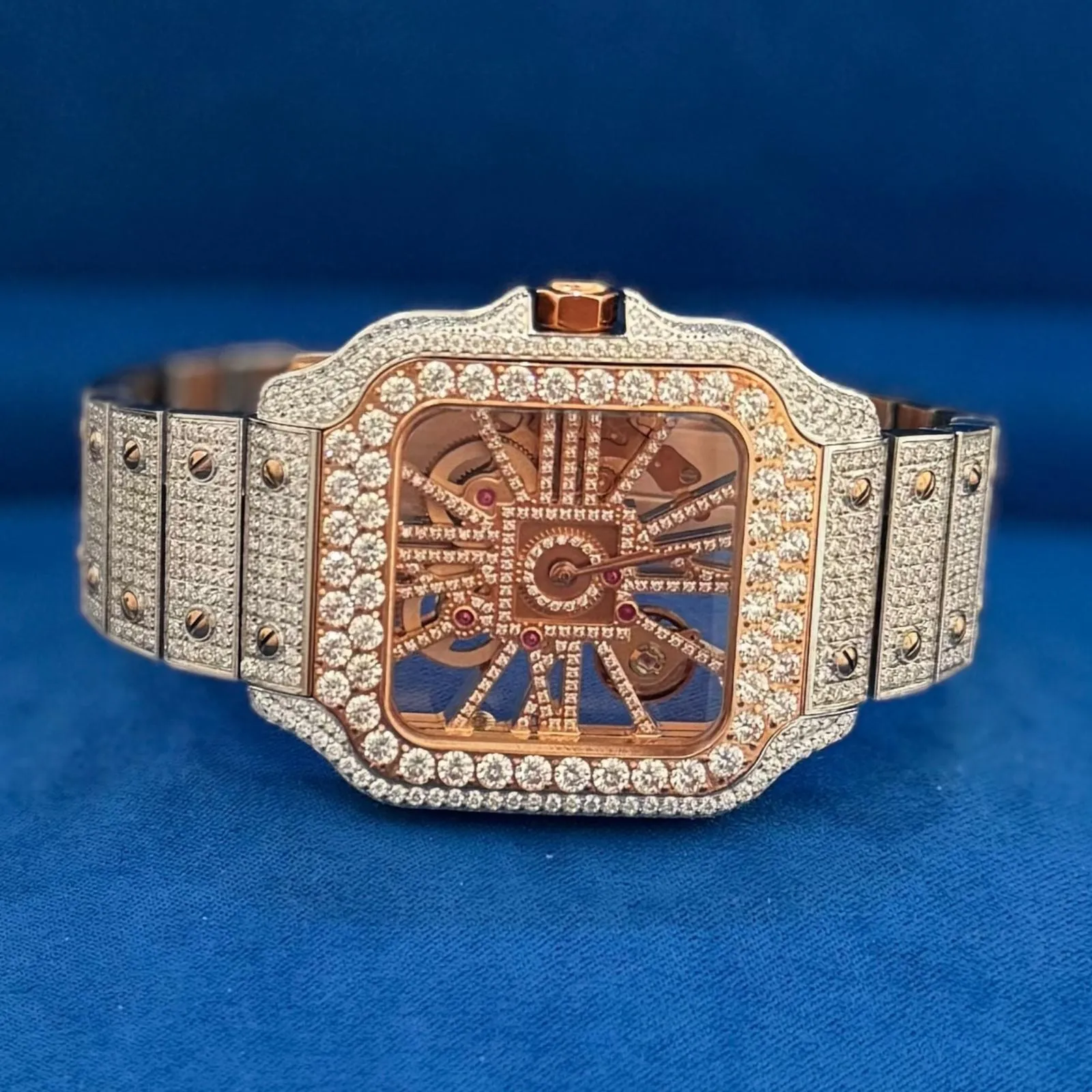 Two Tone Rose Gold Skeleton Dial Stainless Steel Moissanite Watch