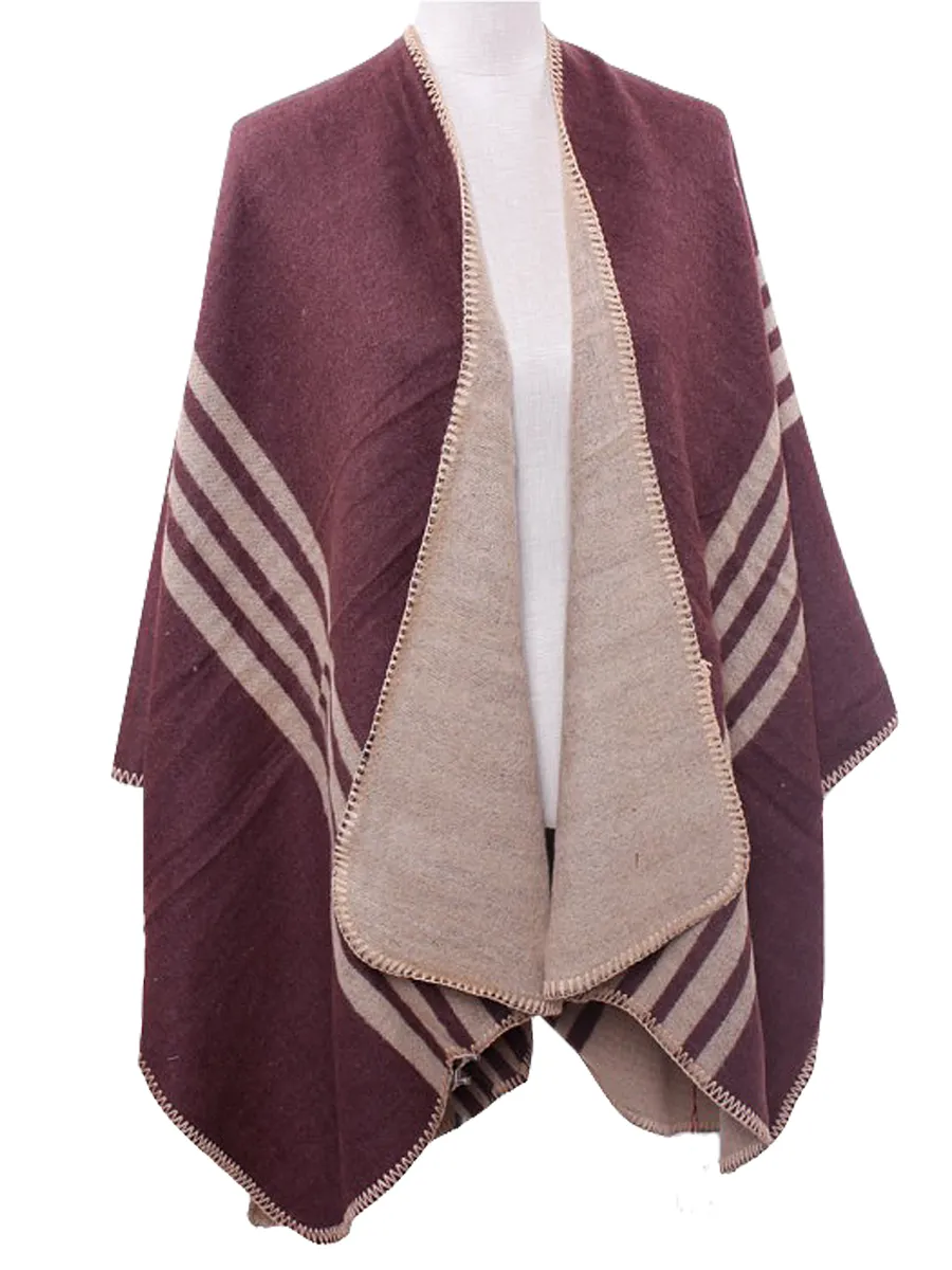 U Shape Poncho With Lines - Coffee*