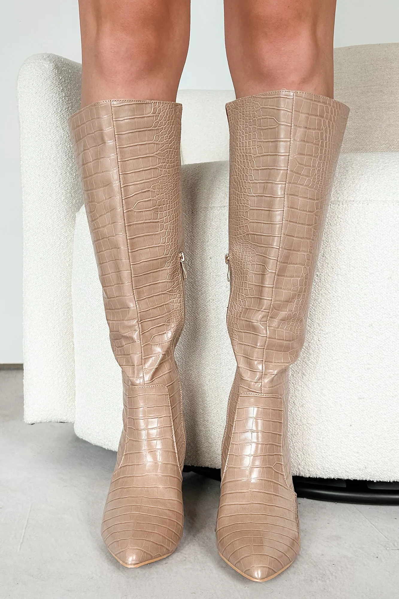 Venomous Touch Snake Print Knee High Boots (Beige)