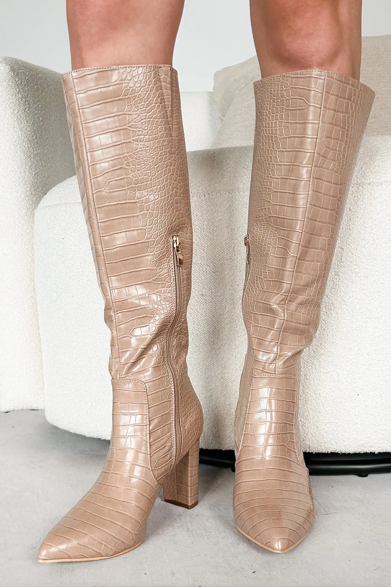 Venomous Touch Snake Print Knee High Boots (Beige)