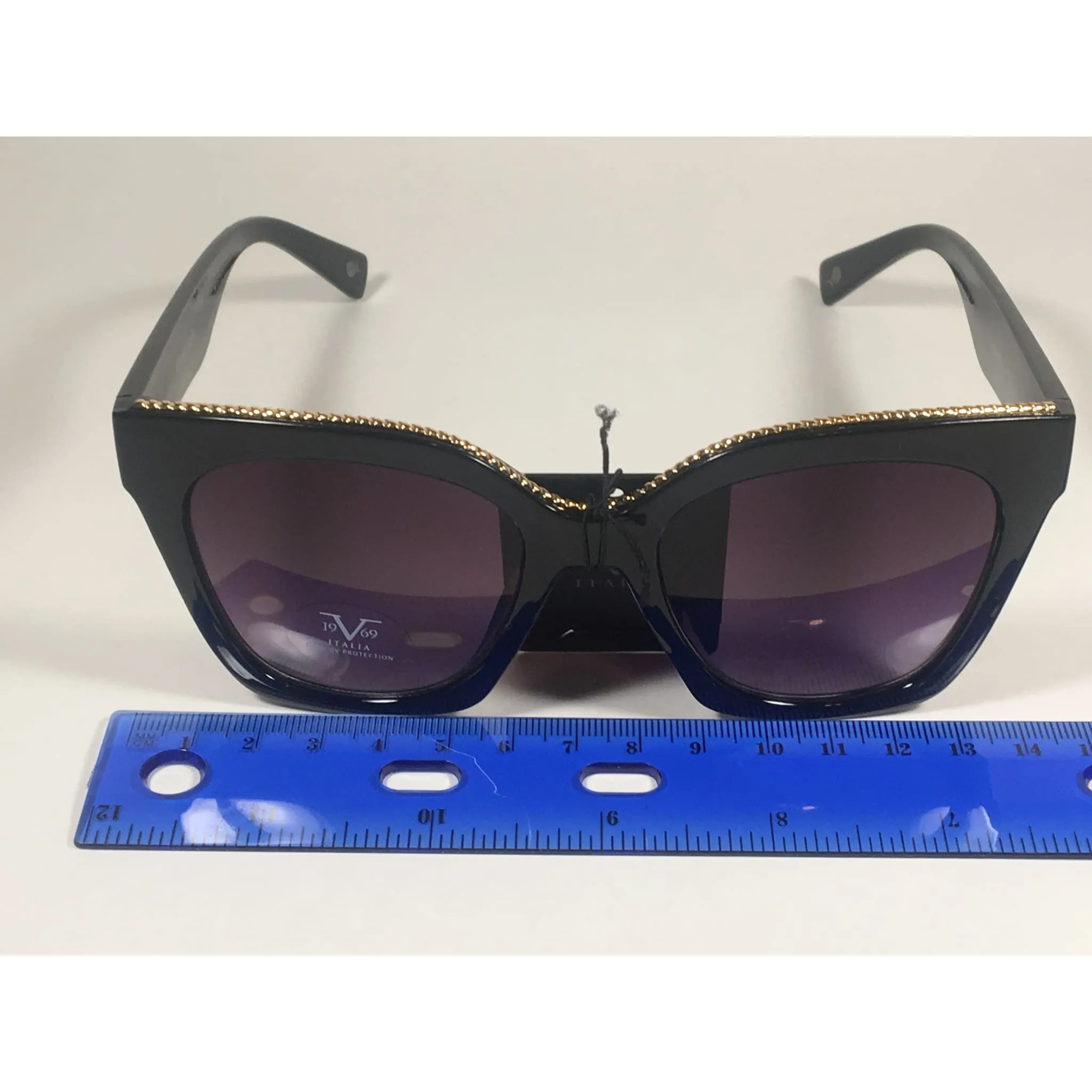 Versace 19V69 Italia BK ENZA Square Sunglasses Black Gold Trim Gray Smoke Lens