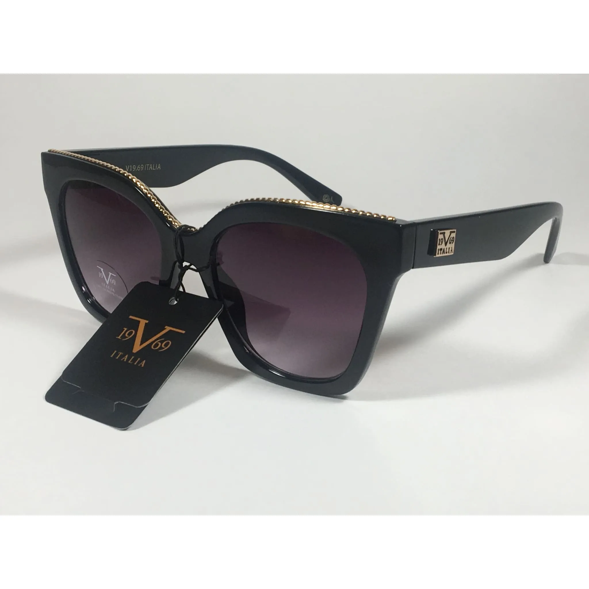 Versace 19V69 Italia BK ENZA Square Sunglasses Black Gold Trim Gray Smoke Lens