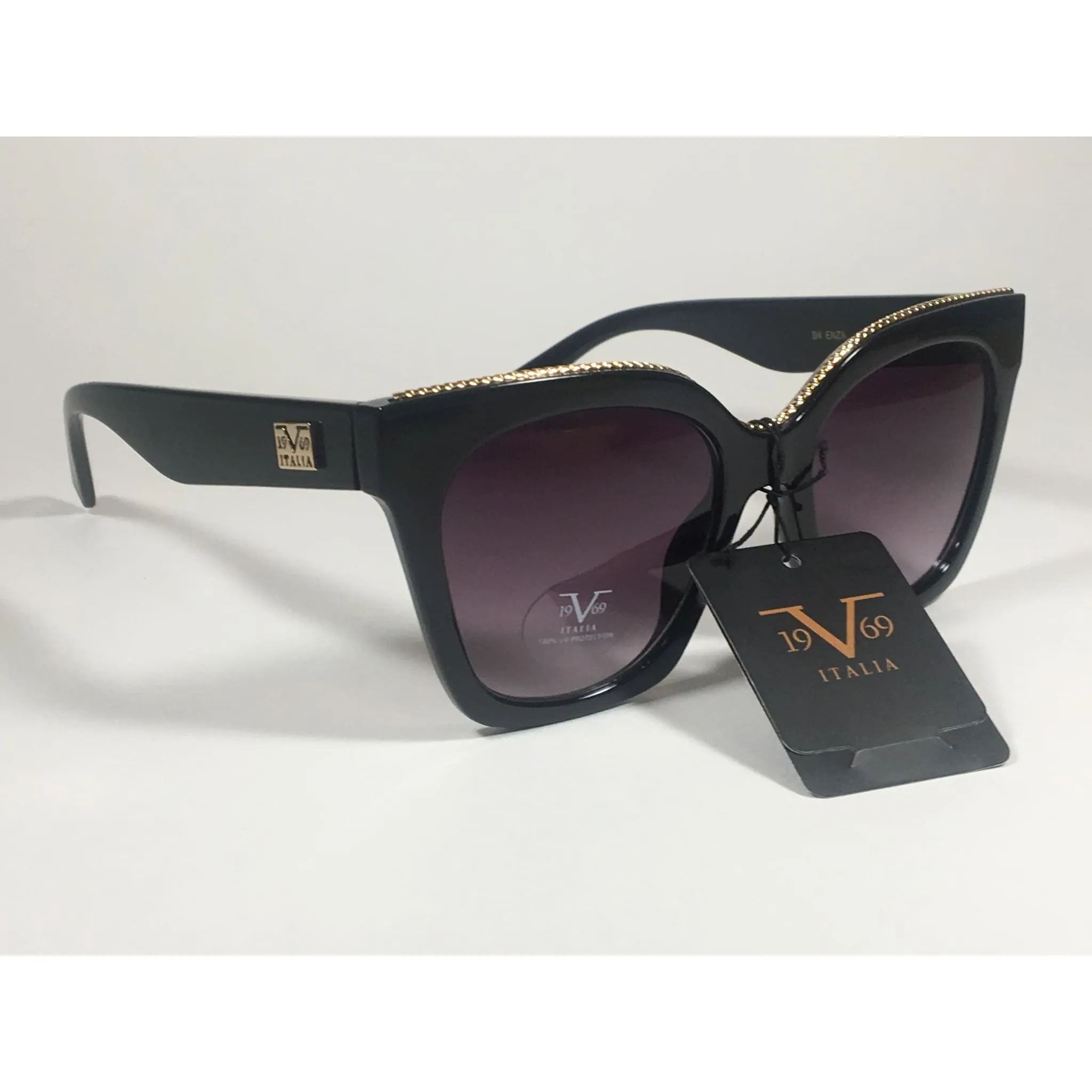 Versace 19V69 Italia BK ENZA Square Sunglasses Black Gold Trim Gray Smoke Lens