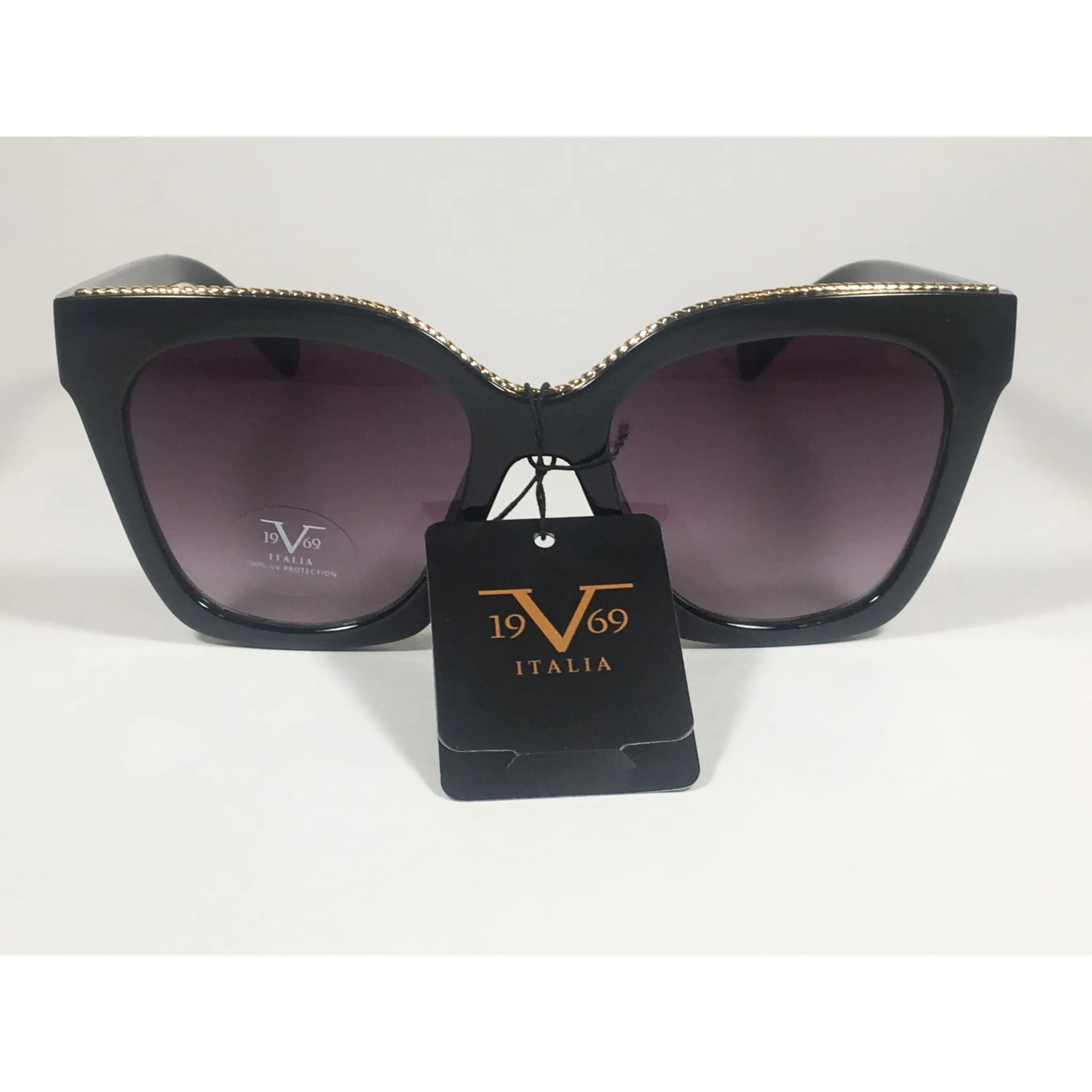 Versace 19V69 Italia BK ENZA Square Sunglasses Black Gold Trim Gray Smoke Lens