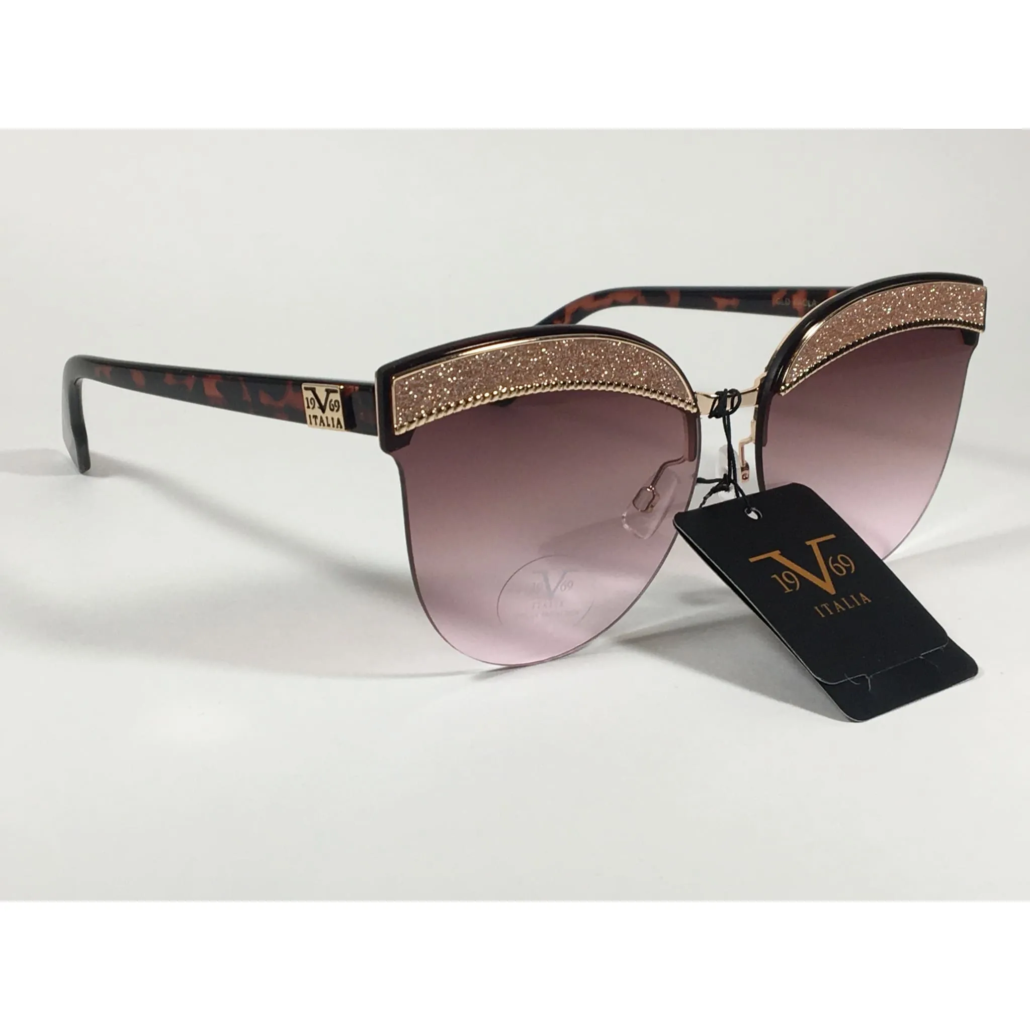 Versace 19V69 Italia Paola Rimless Cat Sunglasses Gold Glitter Brown and Pink Gradient Lens