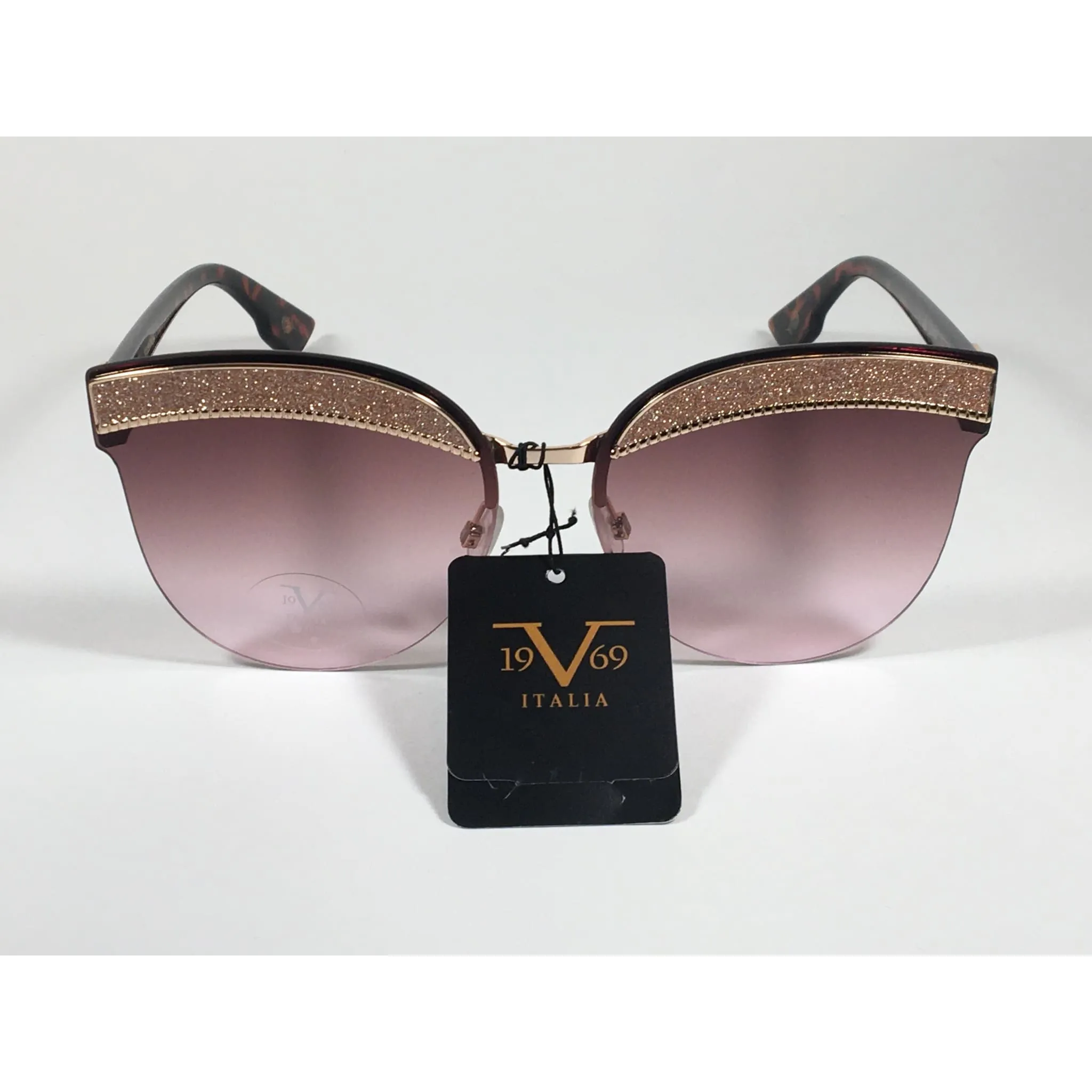 Versace 19V69 Italia Paola Rimless Cat Sunglasses Gold Glitter Brown and Pink Gradient Lens