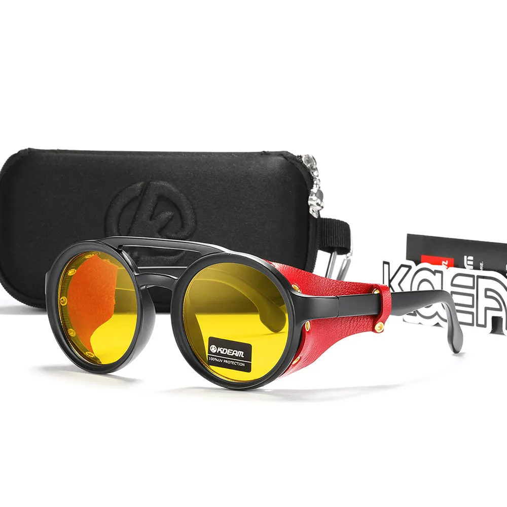 Vintage Round Sunglasses Men Women Leather Shield Sun Glasses  Twin Bridge Designed Shade KD179