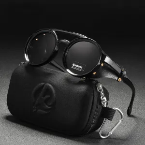 Vintage Round Sunglasses Men Women Leather Shield Sun Glasses  Twin Bridge Designed Shade KD179