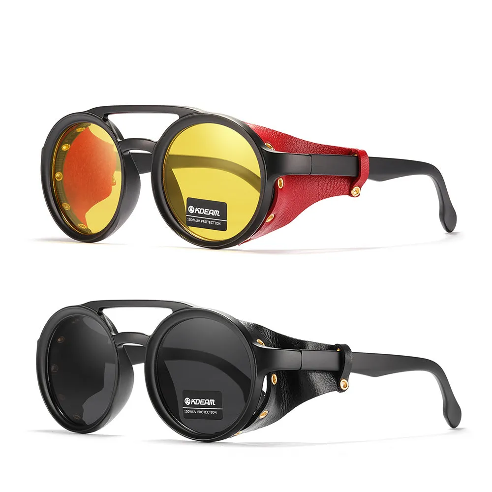 Vintage Round Sunglasses Men Women Leather Shield Sun Glasses  Twin Bridge Designed Shade KD179