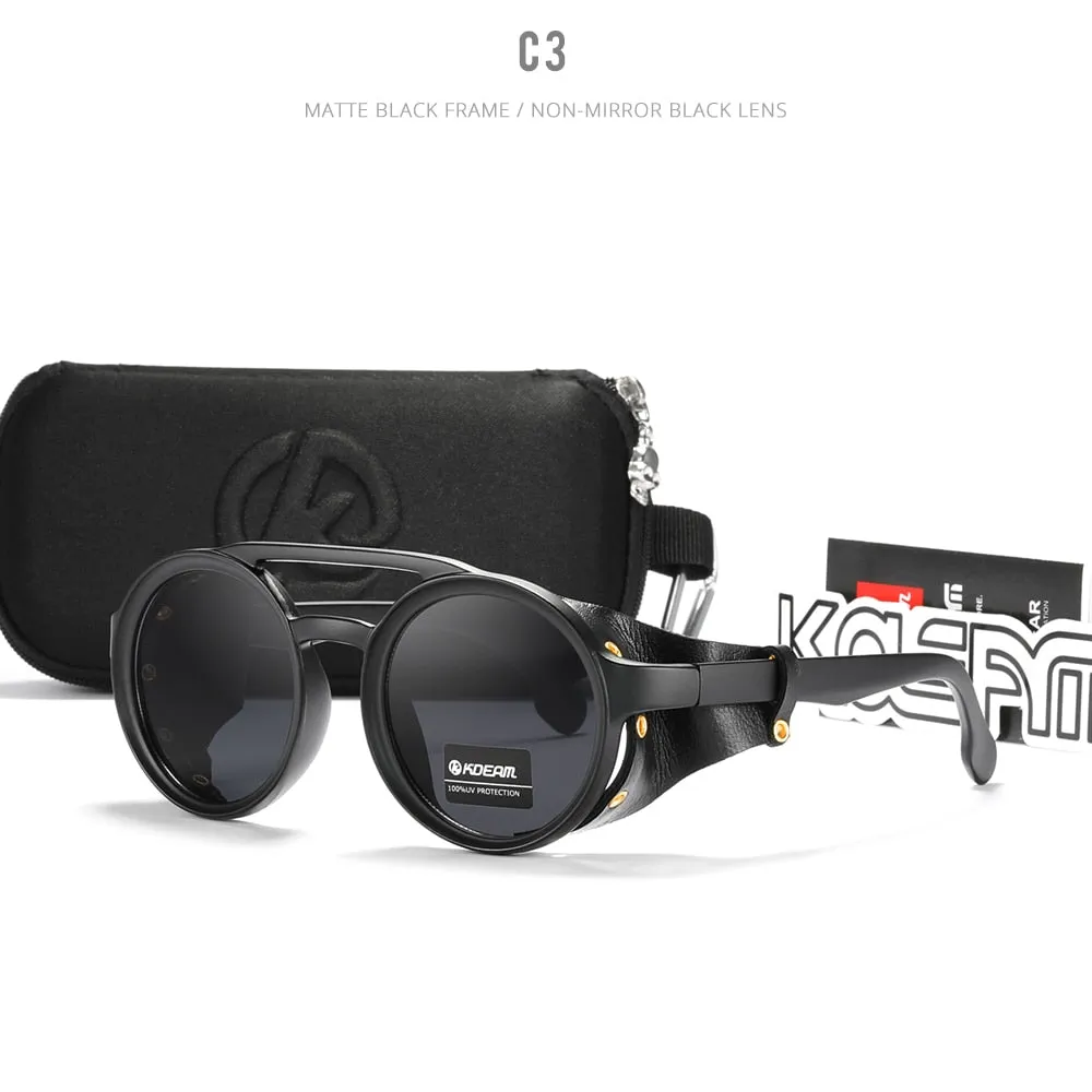 Vintage Round Sunglasses Men Women Leather Shield Sun Glasses  Twin Bridge Designed Shade KD179