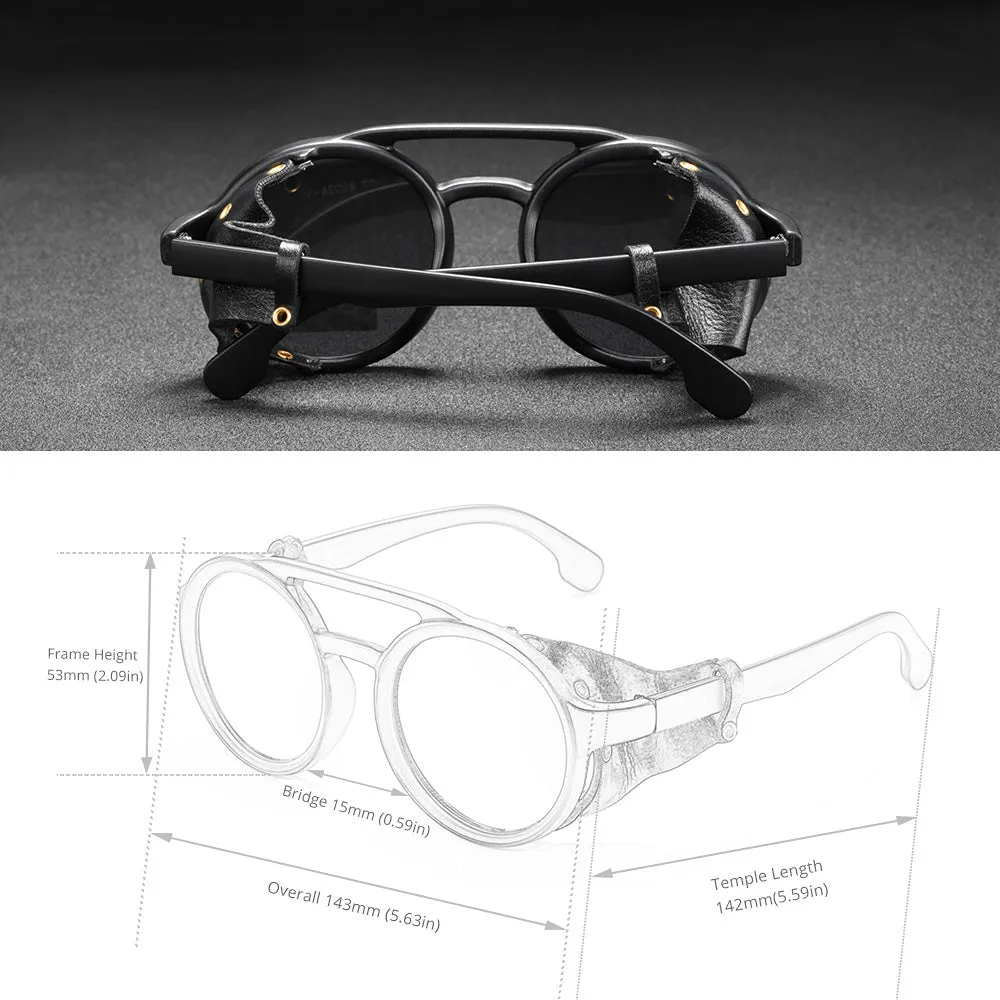 Vintage Round Sunglasses Men Women Leather Shield Sun Glasses  Twin Bridge Designed Shade KD179