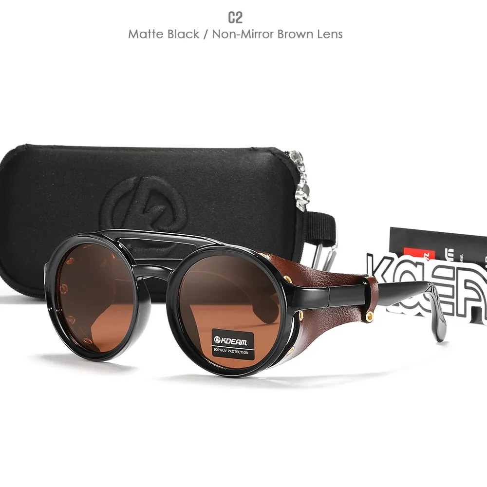 Vintage Round Sunglasses Men Women Leather Shield Sun Glasses  Twin Bridge Designed Shade KD179