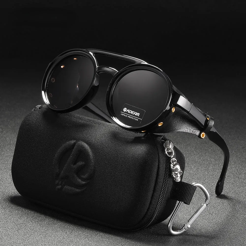 Vintage Round Sunglasses Men Women Leather Shield Sun Glasses  Twin Bridge Designed Shade KD179