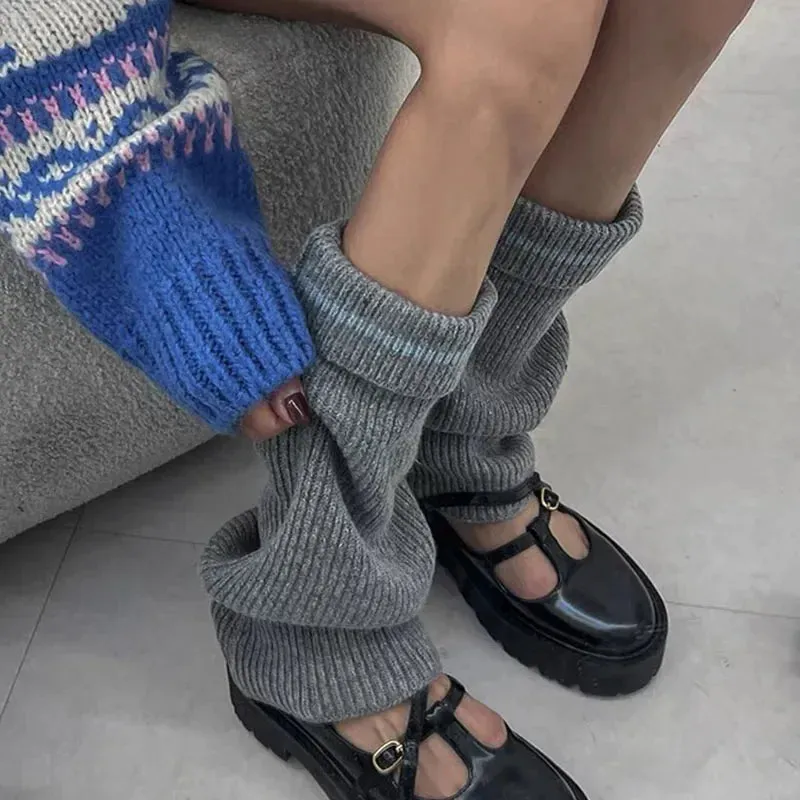 Vintage Wool Knitted Leg Warmers with Metal Buckle – Y2K Winter Calf Leggings