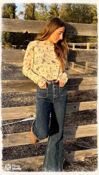Western Print Mesh Top