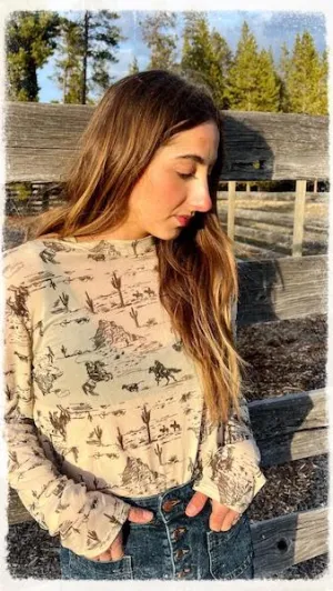 Western Print Mesh Top
