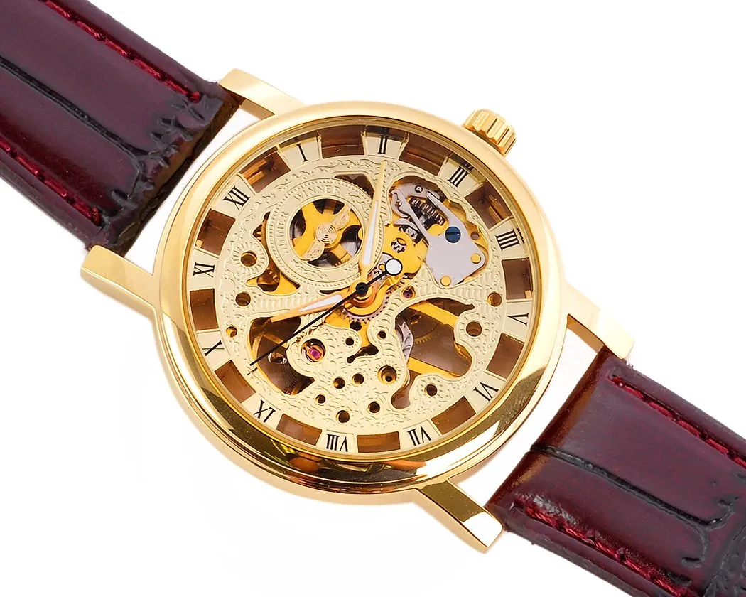 Winner Skeleton Brown Leather Hand Winding Mechanical Watch D160-Gold